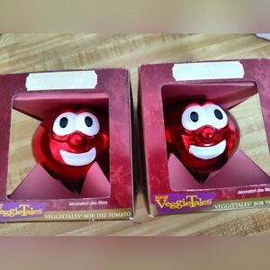 VeggieTales Bob The Tomato 2 Christmas Ornaments Pair New In Box Vintage